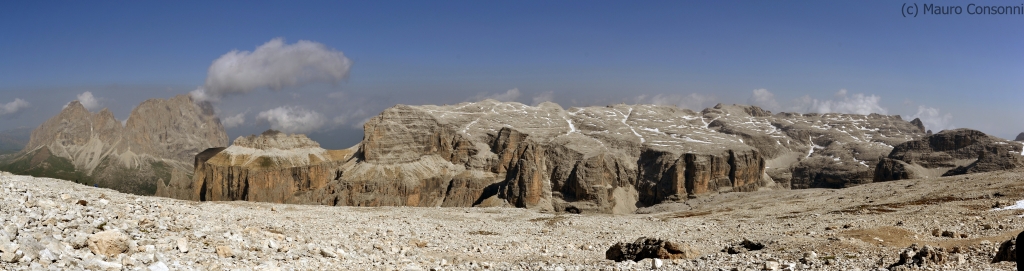 Panoramic view of Sassolungo (left) and of Sella Group plateau