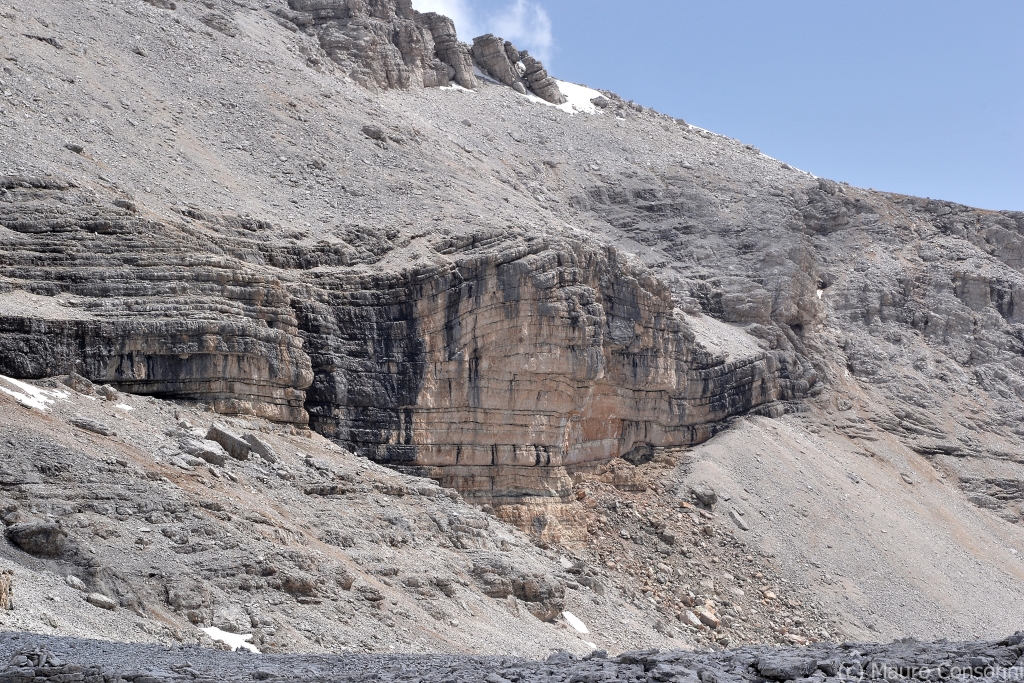 Fault bend-fold in stratified limestones near Piz Boè summit (Sella Group)