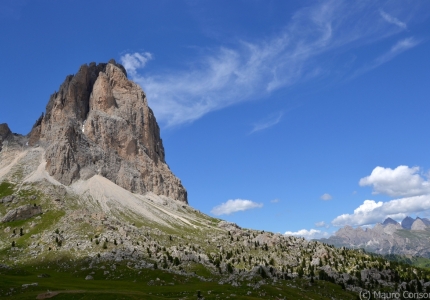 View of Sassolungo summit and of the “Città dei Sassi” (City of stone), the accumulation zone of a large prehistoric rockfall