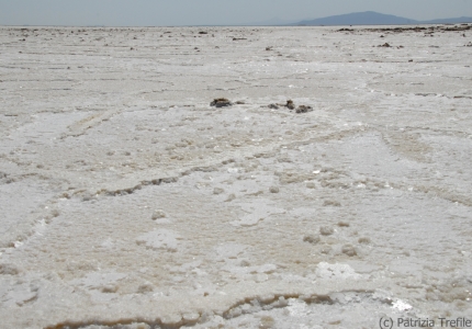 The thick salt crust residue of an ancient sea which once covered the entire region